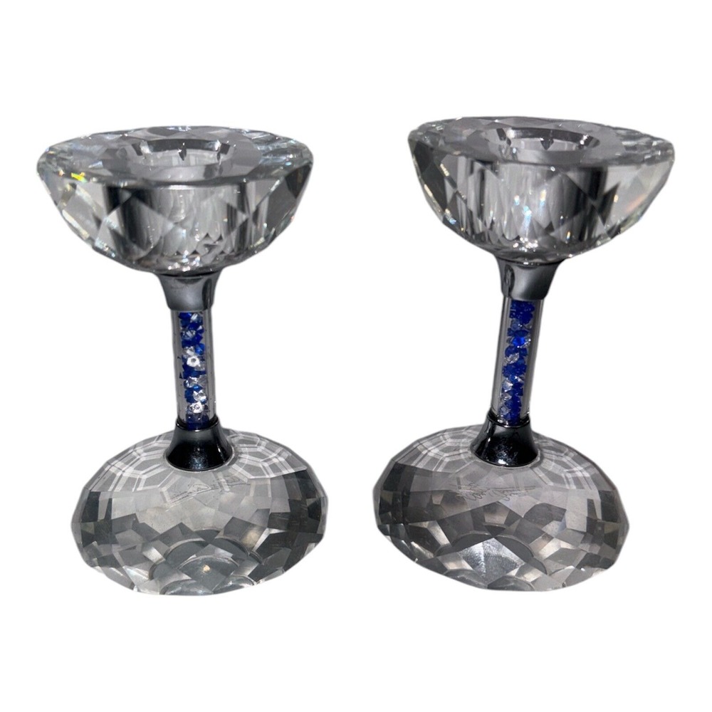 Oleg Cassini Crystal Candlesticks Signed Blue Clear‎ Rhinestone Filled